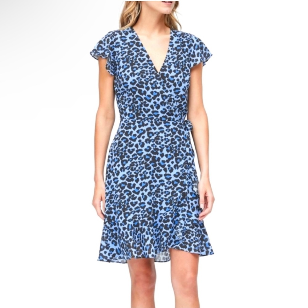 Banana Republic Blue Leopard Print Chiffon Wrap Dress w/ Flounce Ruffle Hem